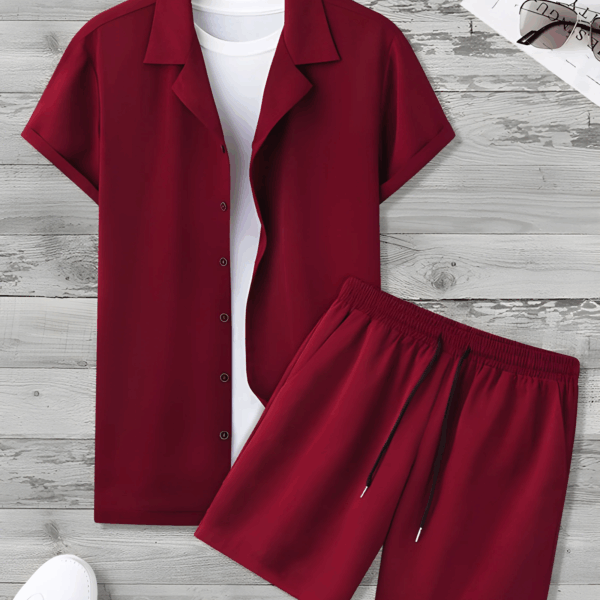 Maroon Colour Men's Shirt And Shorts Set Short Sleeve
