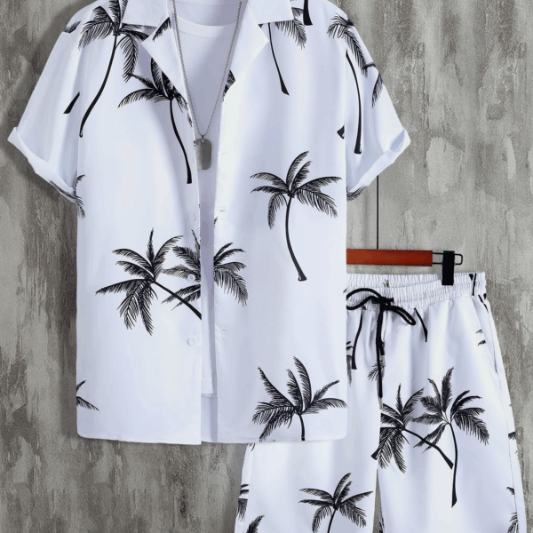 Palm Tree Print Men's Shirt And Shorts Set Short Sleeve