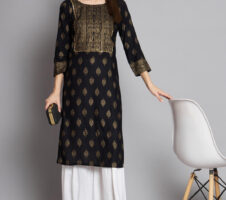 Black Colour Reyon Foil Print Party Wear Kurta Sharara Set