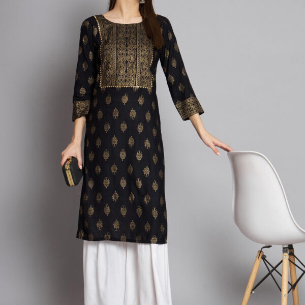 Black Colour Reyon Foil Print Party Wear Kurta Sharara Set