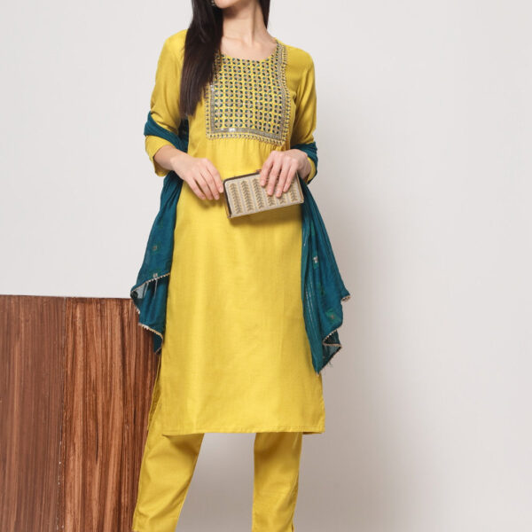 Lemon Colour Cotton Embrodared Casual Wear Kurta Pant Dupatta Set For Women's