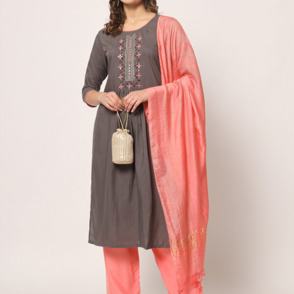 Grey Colour Reyon Embroidery With Mirror Casual Wear Kurta Pant Dupatta Set For Women's
