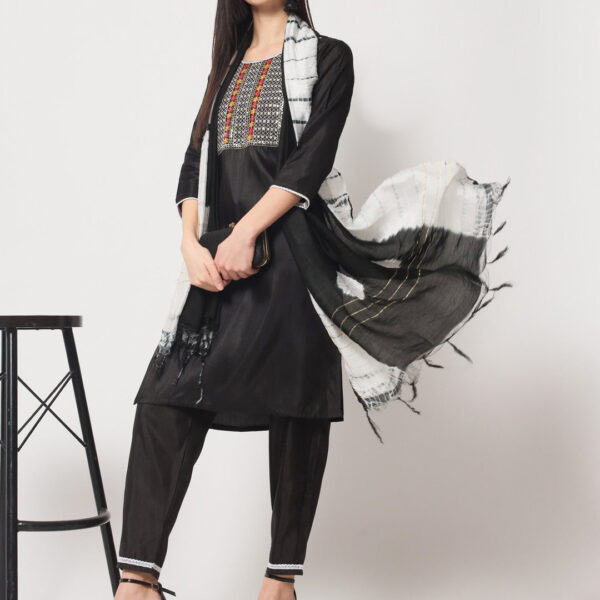 Black Colour South Silk Embroidery Work Casual Wear Kurta Pant Dupatta Set For Women's