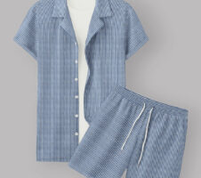 Sky Blue Colour Men's Cotton Shirt And Shorts Set Short Sleeve