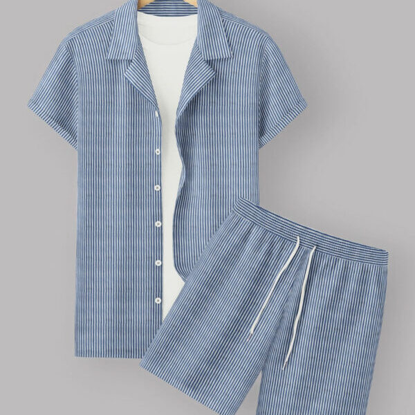 Sky Blue Colour Men's Cotton Shirt And Shorts Set Short Sleeve