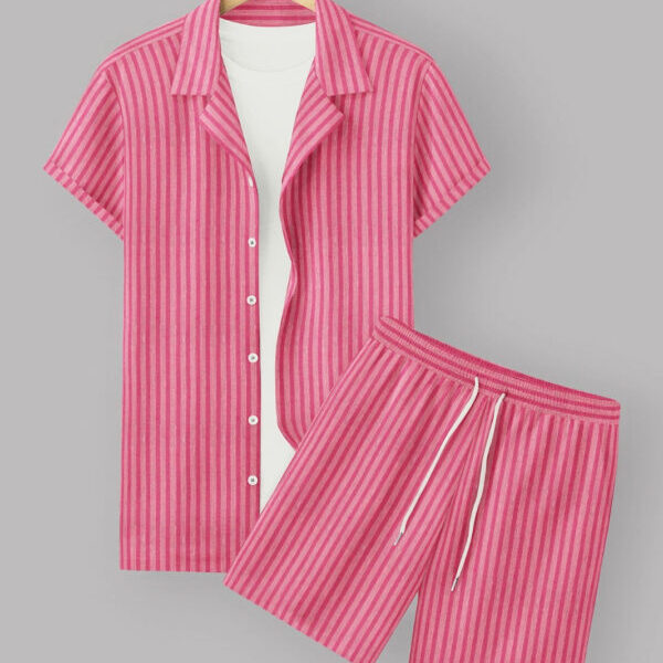Pink Colour Men's Cotton Shirt And Shorts Set Short Sleeve