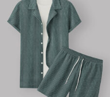 Green Colour Men's Cotton Shirt And Shorts Set Short Sleeve