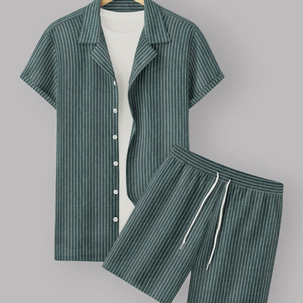 Green Colour Men's Cotton Shirt And Shorts Set Short Sleeve