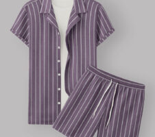 Purple Colour Men's Cotton Shirt And Shorts Set Short Sleeve