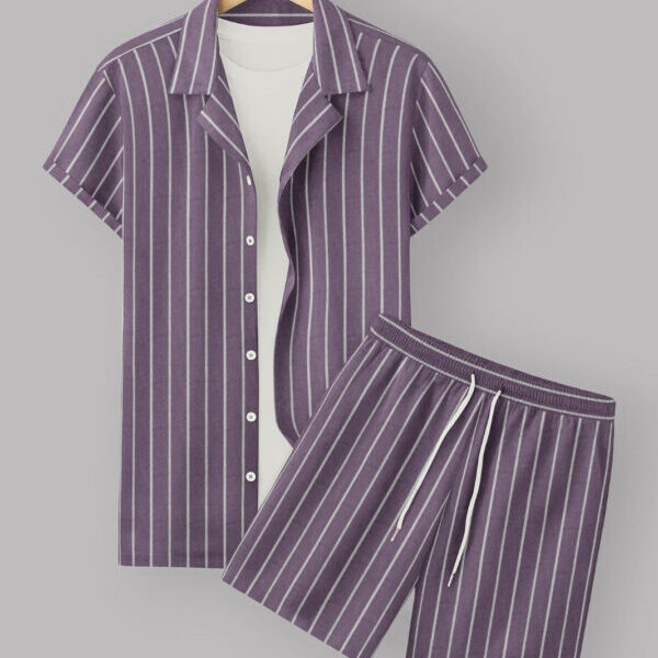 Purple Colour Men's Cotton Shirt And Shorts Set Short Sleeve