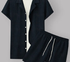 Black Colour Men's Cotton Shirt And Shorts Set Short Sleeve