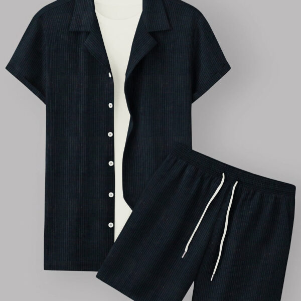 Black Colour Men's Cotton Shirt And Shorts Set Short Sleeve