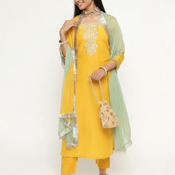 Yellow Colour Blend Silk Embroidery Work Party Wear Kurta Pant Dupatta Set For Women's