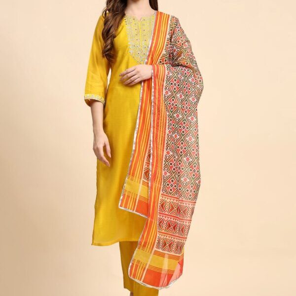 Yellow Colour Blend Silk Embroidery Work Party Wear Kurta Pant Dupatta Set For Women's