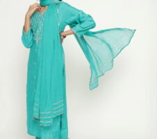 Aqua Colour Blend Silk Embroidery Work Party Wear Kurta Pant Dupatta Set For Women's