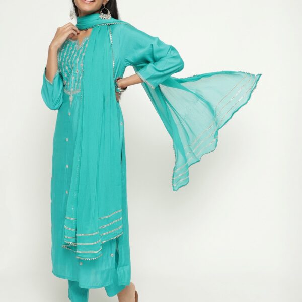 Aqua Colour Blend Silk Embroidery Work Party Wear Kurta Pant Dupatta Set For Women's