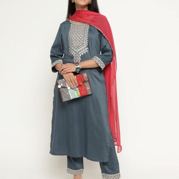 Grey Colour Blend Silk Embroidery Work Party Wear Kurta Pant Dupatta Set For Women's