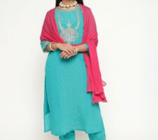 Aqua Colour Blend Silk Embroidery Work Party Wear Kurta Pant Dupatta Set For Women's