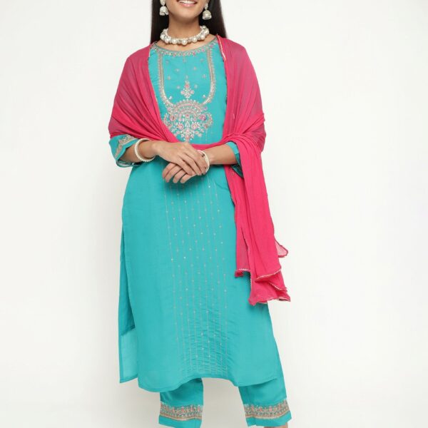 Aqua Colour Blend Silk Embroidery Work Party Wear Kurta Pant Dupatta Set For Women's