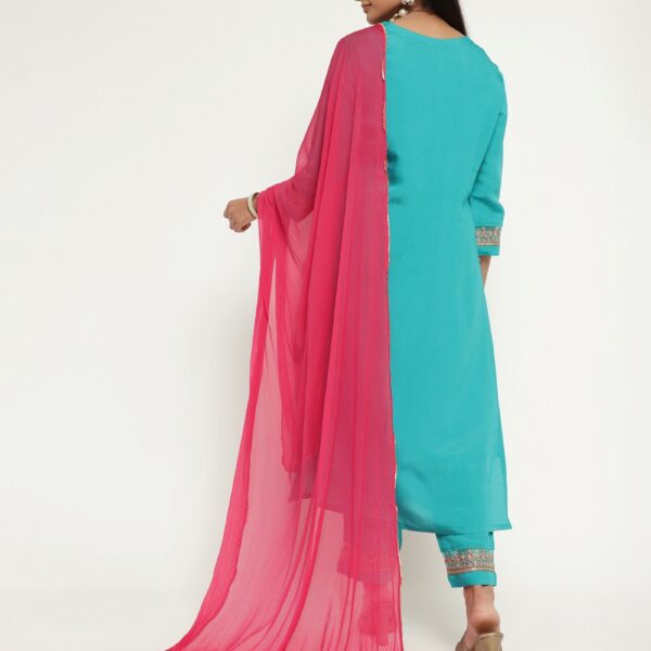 Aqua Colour Blend Silk Embroidery Work Party Wear Kurta Pant Dupatta Set For Women's