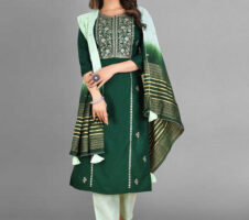 Green Party Wear Embroidery Worked Kurta With Pant And Duppata Set