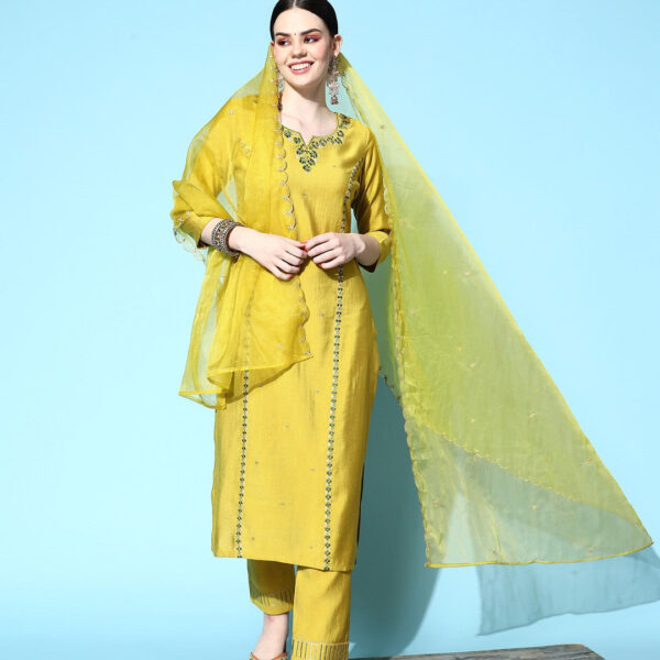 Lemon Party Wear Embroidery Worked Kurta With Pant And Duppata Set