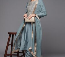 Grey Viscose Chanderi Party Wear Embroidery Worked Kurta With Pant And Duppata Set