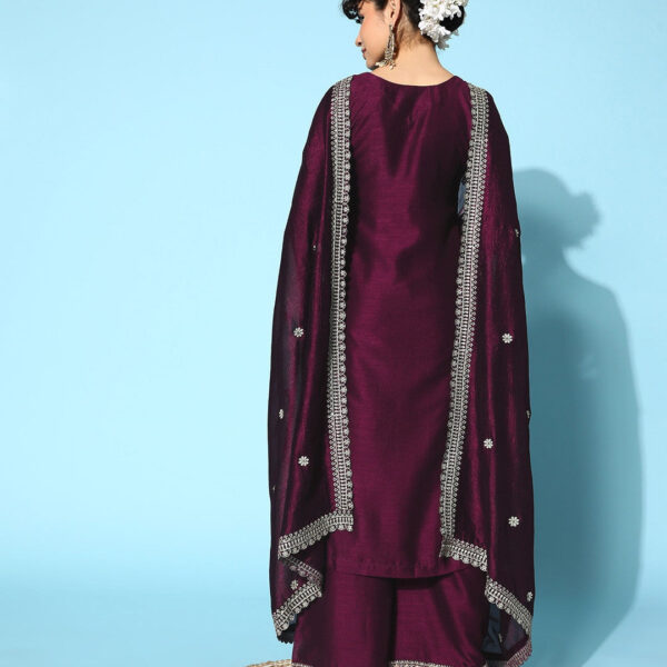 Purple Party Wear Embroidery Worked Kurta With Pant And Duppata Set