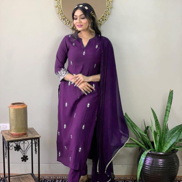 Blue Party Wear Embroidery Worked Kurta With Pant And Duppata Set