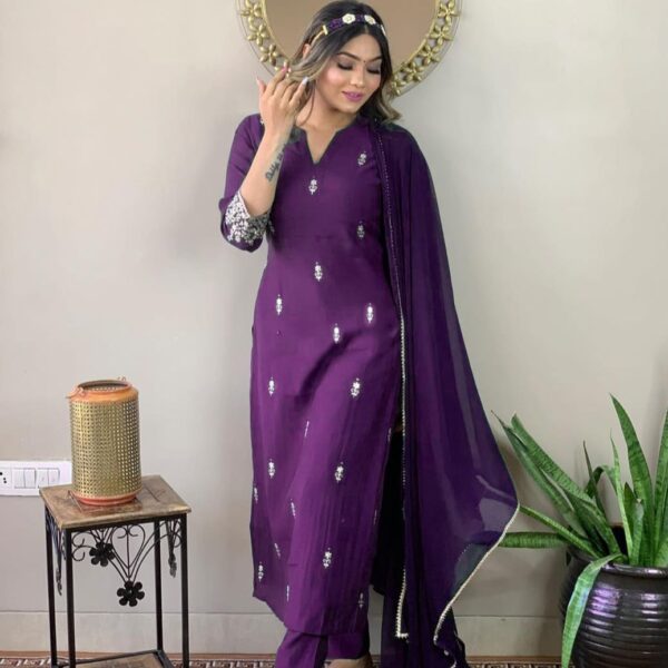 Blue Party Wear Embroidery Worked Kurta With Pant And Duppata Set