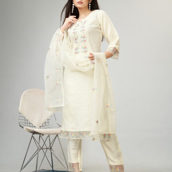 Off White Party Wear Embroidery Worked Kurta With Pant And Duppata Set