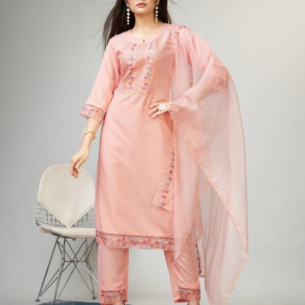 Peach Party Wear Embroidery Worked Kurta With Pant And Duppata Set