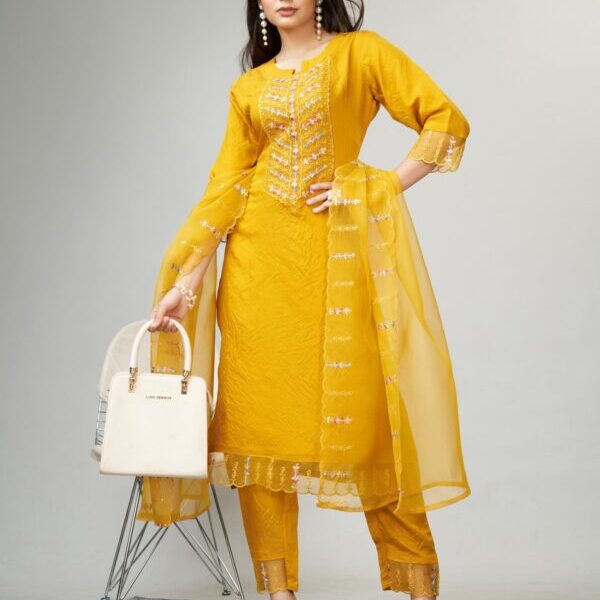 Yellow Party Wear Embroidery Worked Kurta With Pant And Duppata Set