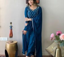 Blue Party Wear Embroidery Worked Kurta With Pant And Duppata Set