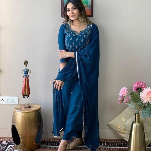 Blue Party Wear Embroidery Worked Kurta With Pant And Duppata Set