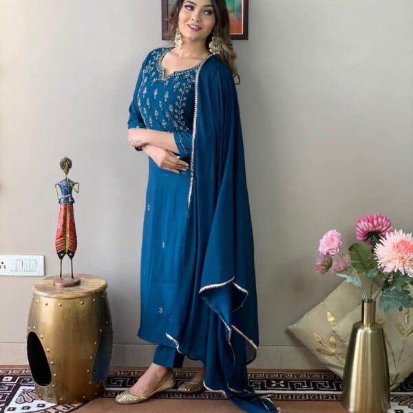 Blue Party Wear Embroidery Worked Kurta With Pant And Duppata Set
