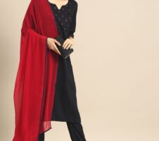 Black Party Wear Embroidery Worked Kurta With Pant And Duppata Set