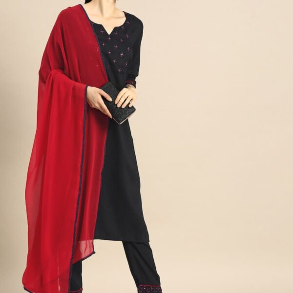 Black Party Wear Embroidery Worked Kurta With Pant And Duppata Set