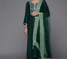 Green Party Wear Embroidery Worked Kurta With Pant And Duppata Set