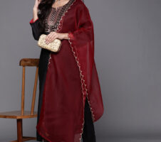 Black Party Wear Embroidery Worked Kurta With Pant And Duppata Set