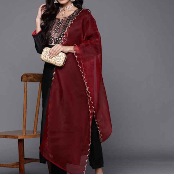 Black Party Wear Embroidery Worked Kurta With Pant And Duppata Set