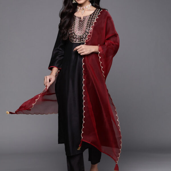 Black Party Wear Embroidery Worked Kurta With Pant And Duppata Set