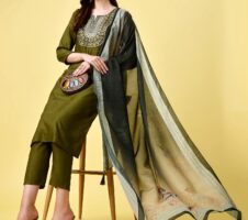 Green Party Wear Embroidery Worked Kurta With Pant And Duppata Set