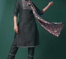 Grey Party Wear Embroidery Worked Kurta With Pant And Duppata Set