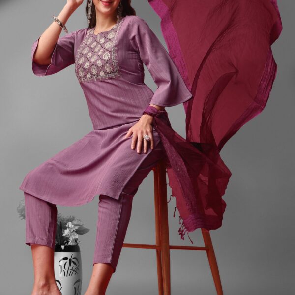 Purple Party Wear Embroidery Worked Kurta With Pant And Duppata Set