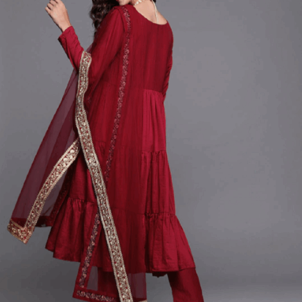 Red Party Wear Embroidery Worked Kurta With Pant And Duppata Set