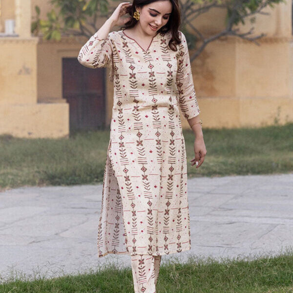 Cream Colour Pure Muslin Readymade Kurti With Bottom Set For Women's