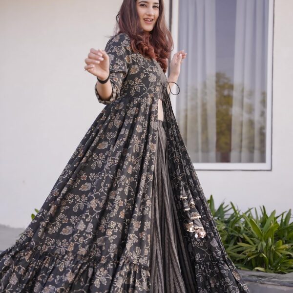 Floral Print Designer Full Round Flair Indo - Western for Women