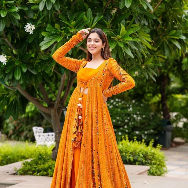 Gorgeous Printed Shrug Style Indo Western Gown For Women