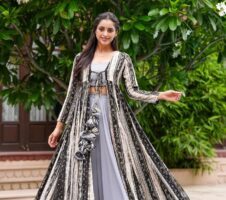 Light Gray Printed Shrug Style Indo Western Gown For Women